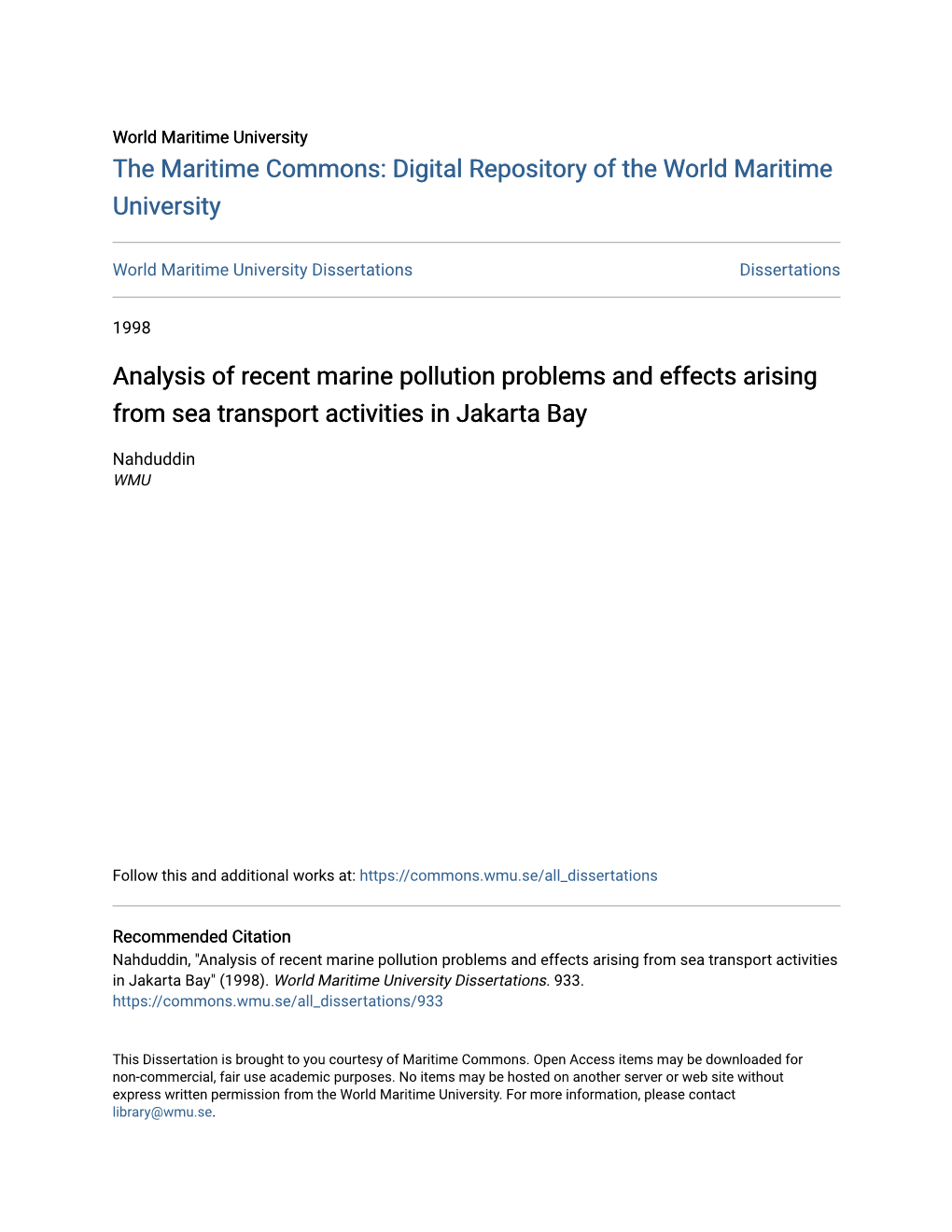 Analysis of Recent Marine Pollution Problems and Effects Arising from Sea Transport Activities in Jakarta Bay