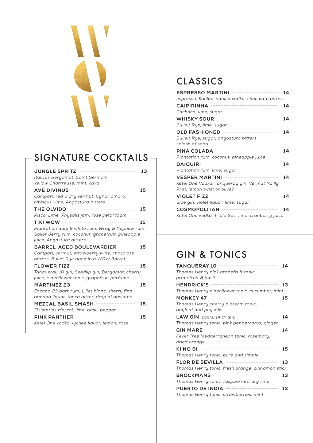 Signature Cocktails Classics Gin & Tonics