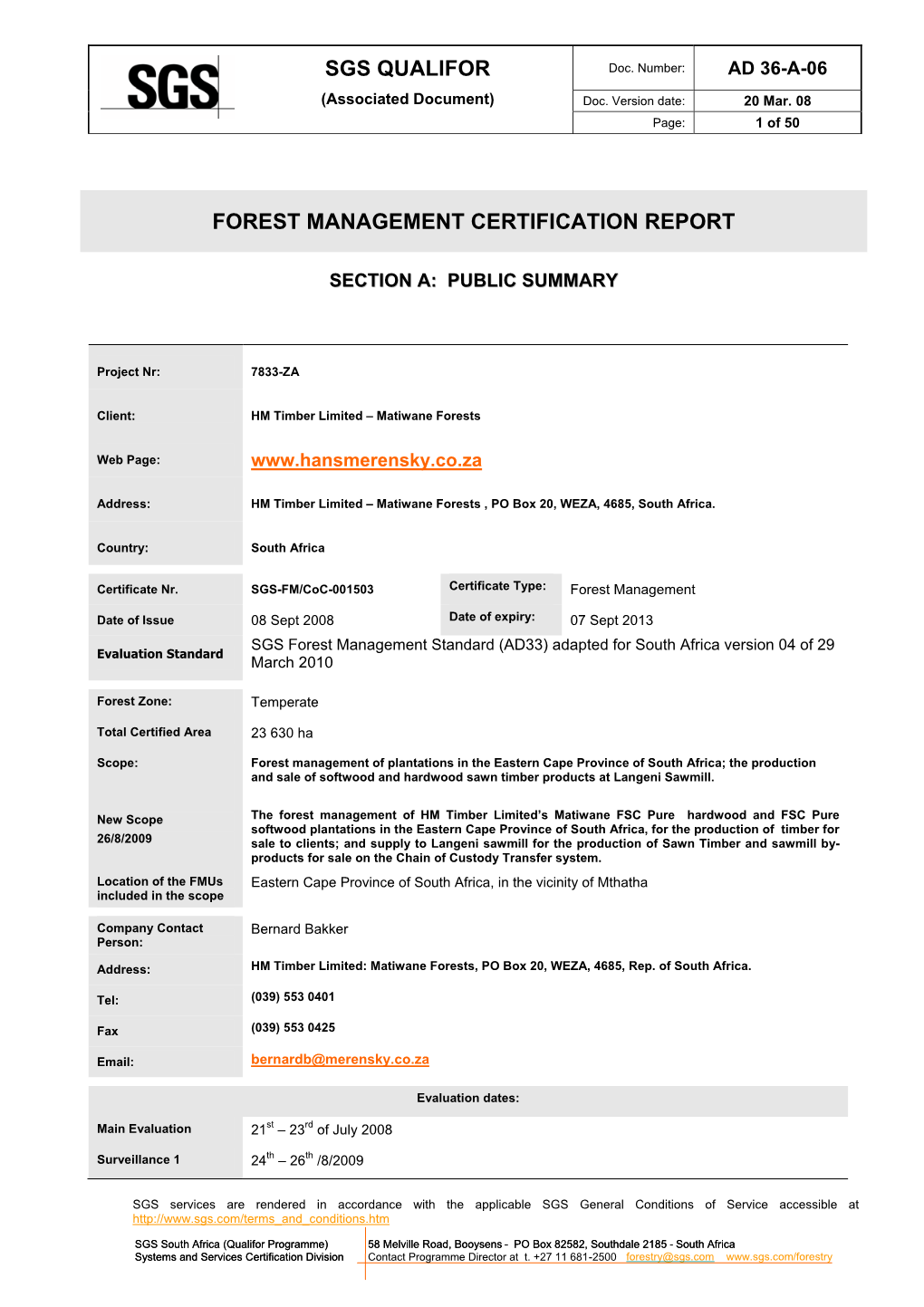 Sgs Qualifor Forest Management Certification Report