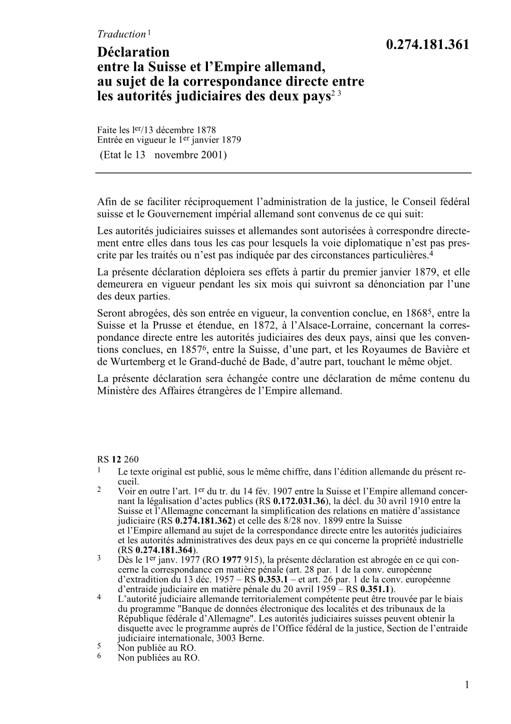 Déclaration Du 1Er/13 Décembre 1878 Entre La Suisse Et L'empire