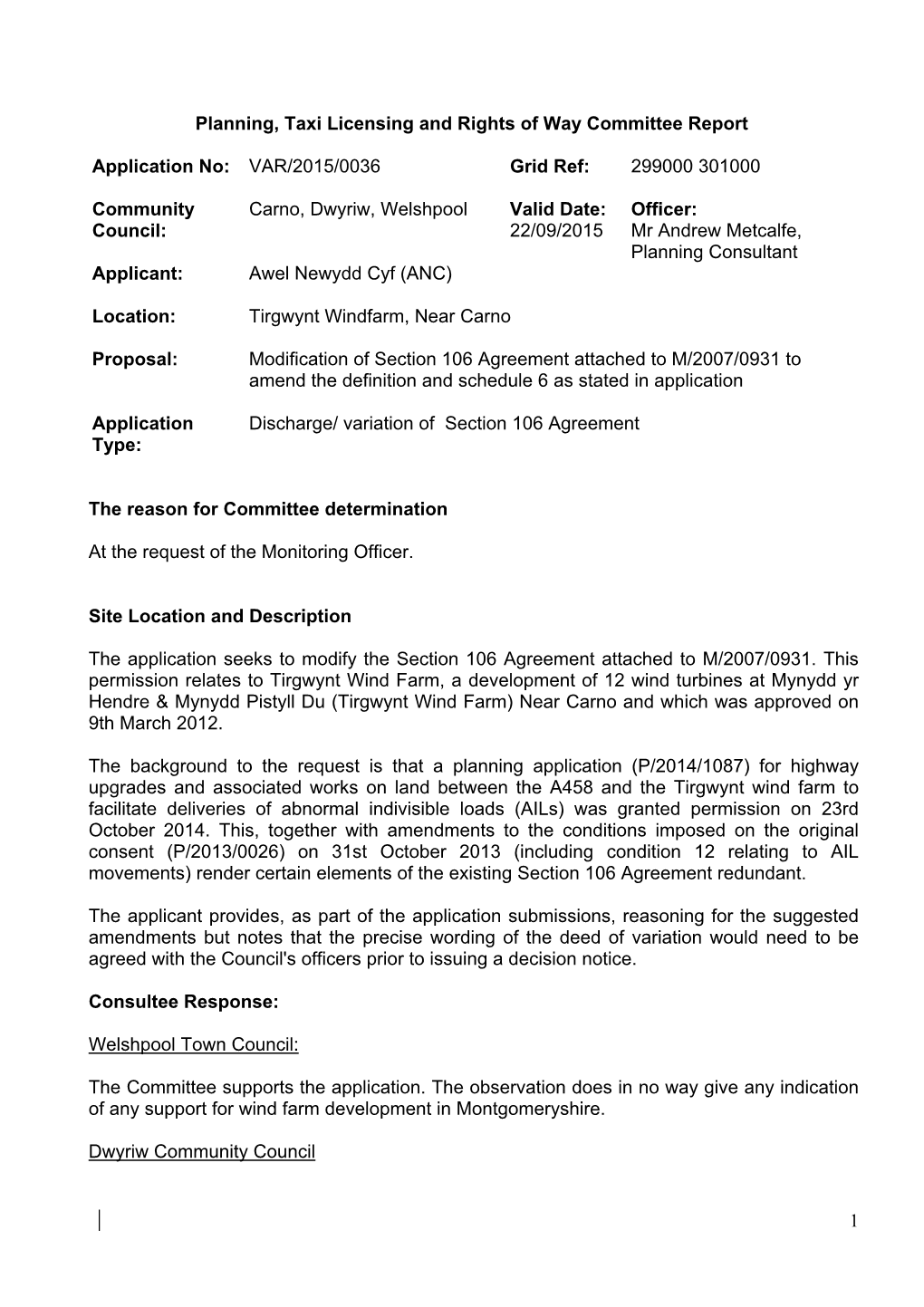 VAR/2015/0036 Tirgwynt Windfarm, Near Carno PDF 199 KB