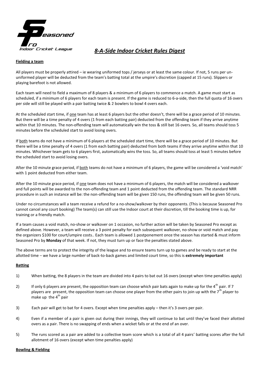 8- A- Side Indoor Cricket Rules Digest