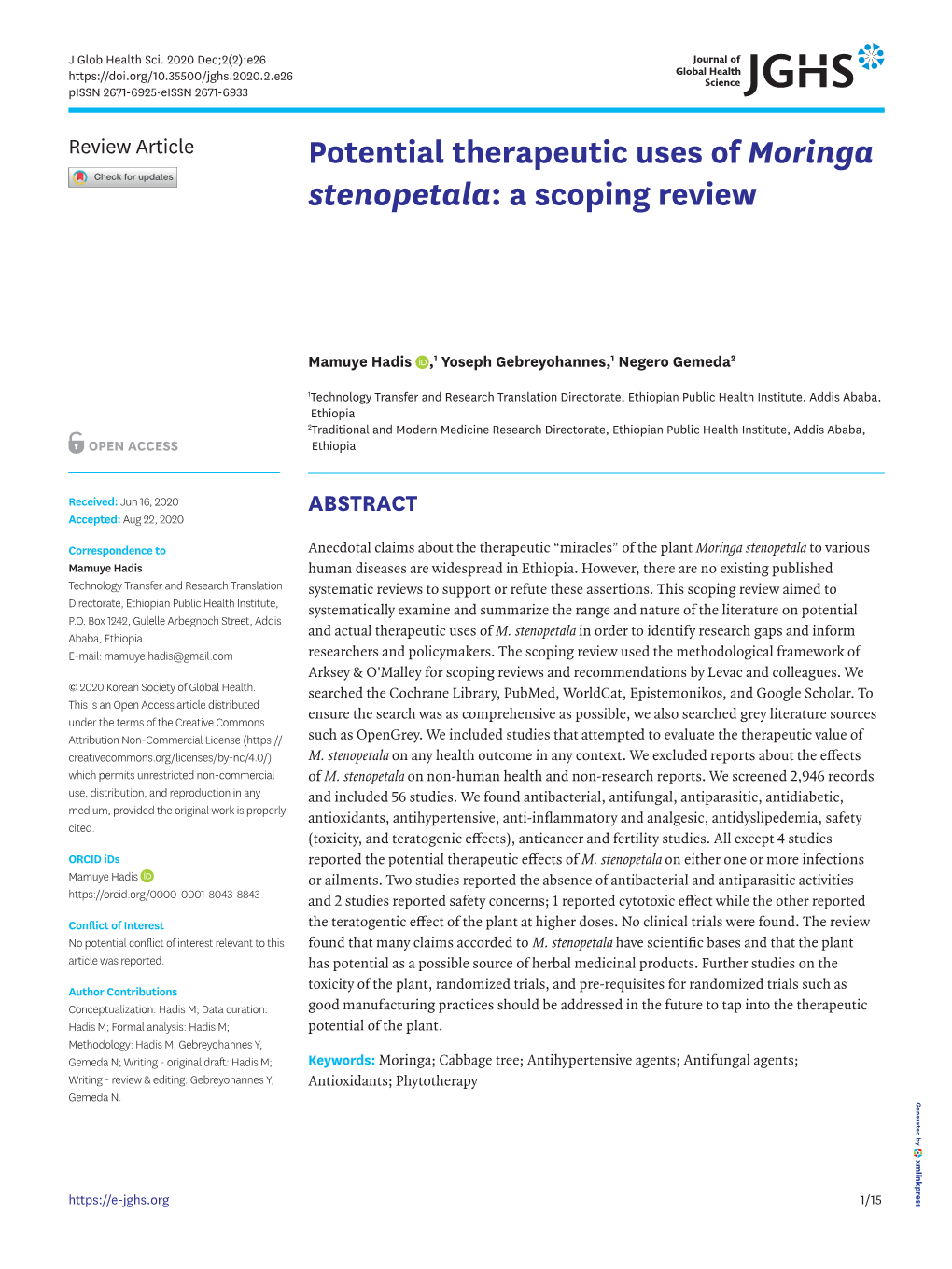 Potential Therapeutic Uses of Moringa Stenopetala: a Scoping Review