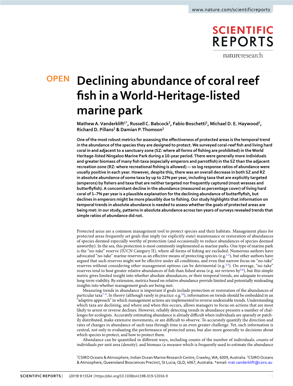 Declining Abundance of Coral Reef Fish in a World-Heritage-Listed Marine Park