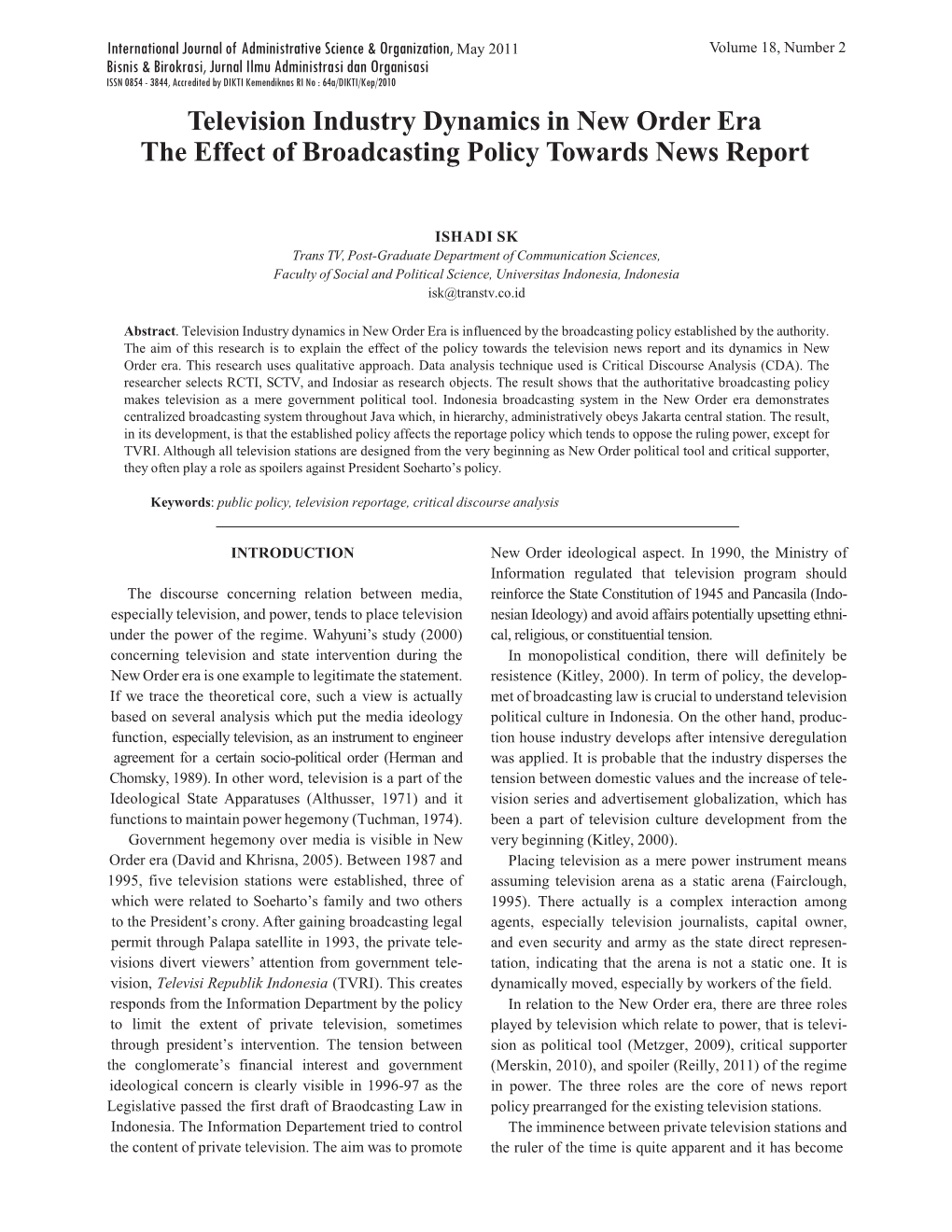 Television Industry Dynamics in New Order Era the Effect of Broadcasting Policy Towards News Report