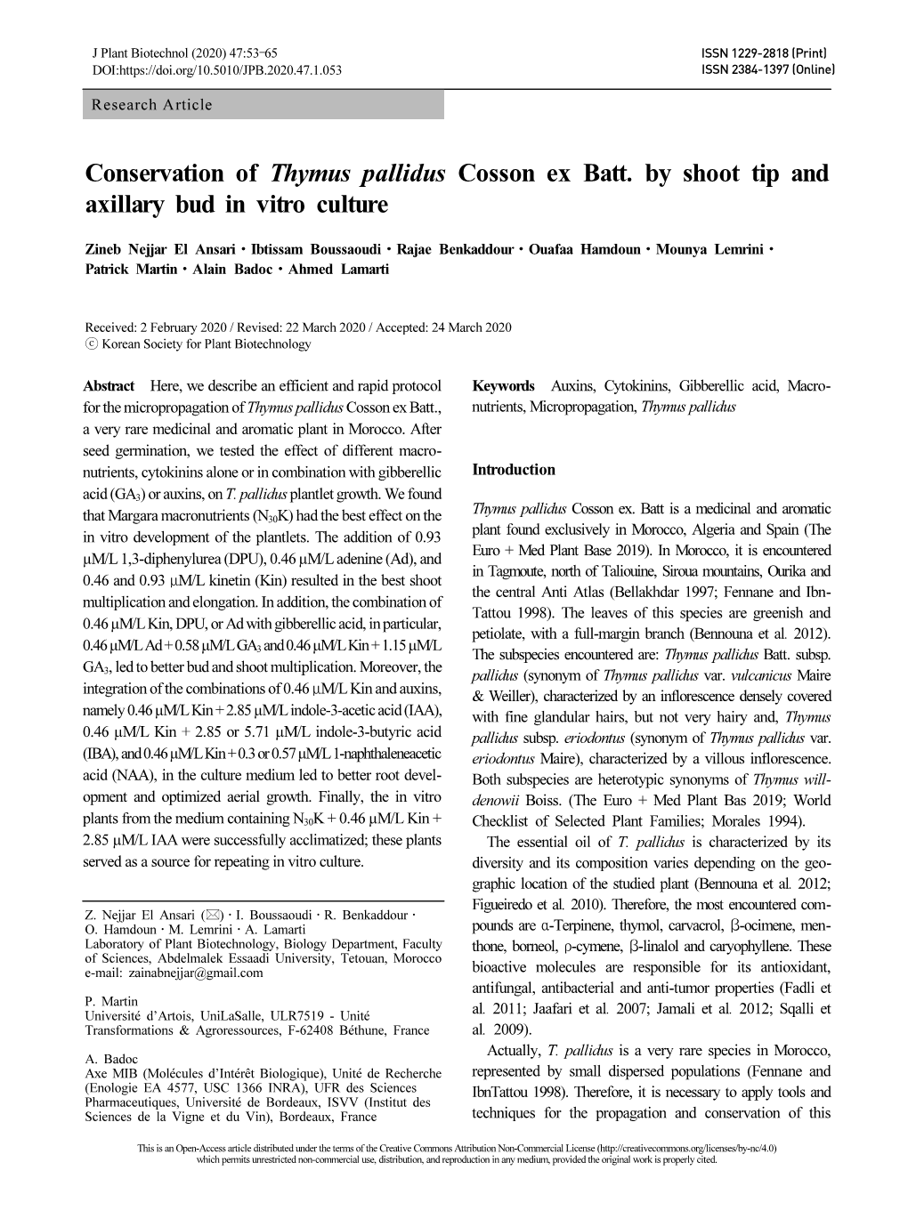 Conservation of Thymus Pallidus Cosson Ex Batt. by Shoot Tip and Axillary Bud in Vitro Culture