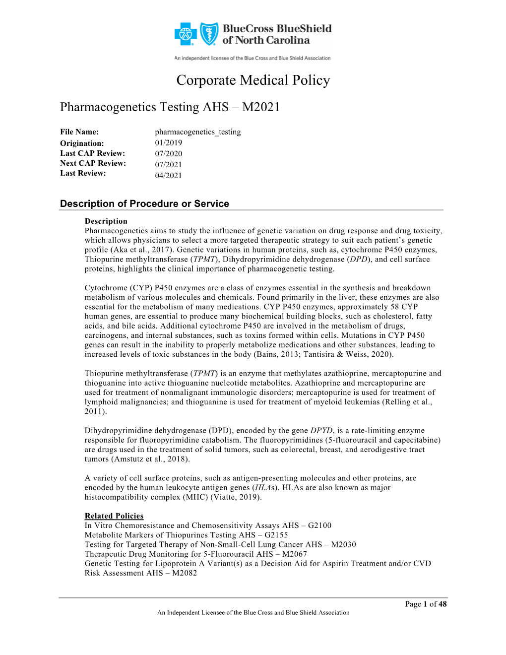Pharmacogenetics Testing AHS – M2021