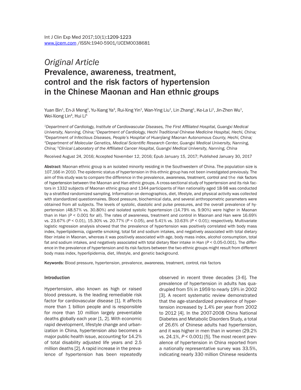 Original Article Prevalence, Awareness, Treatment, Control and the Risk Factors of Hypertension in the Chinese Maonan and Han Ethnic Groups