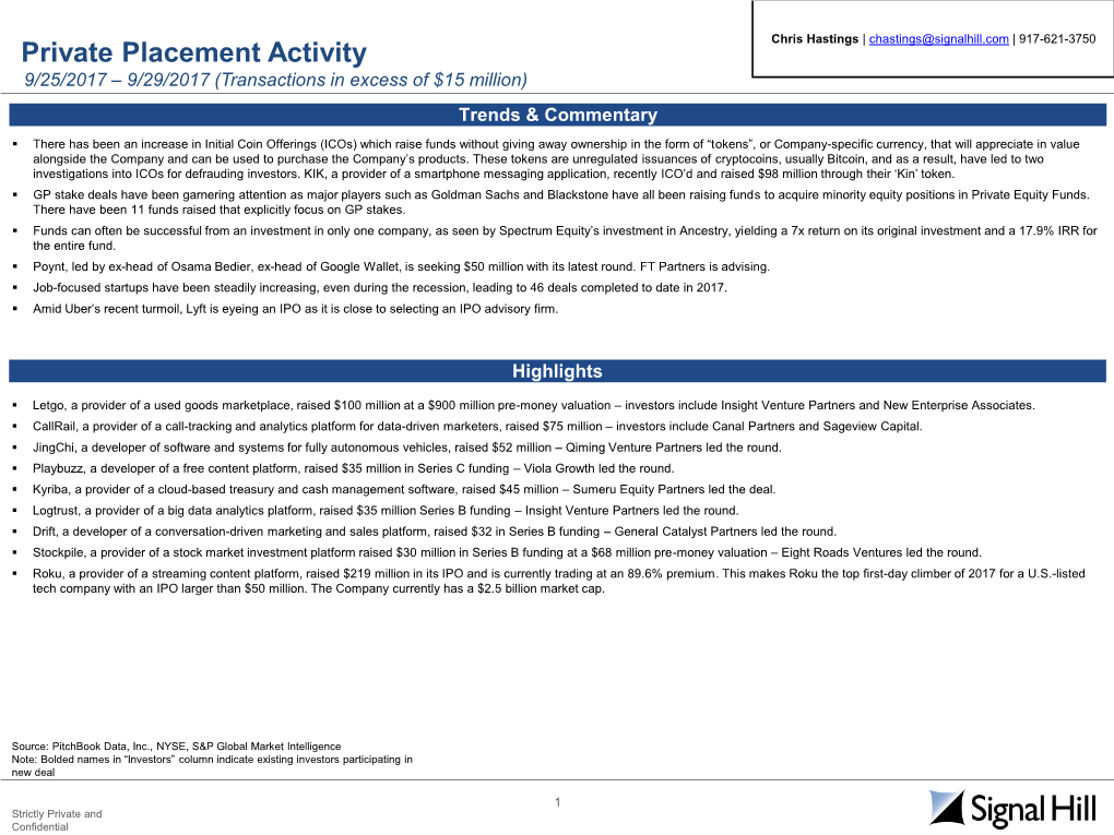 Private Placement Activity 9/25/2017 – 9/29/2017 (Transactions in Excess of $15 Million) Trends & Commentary