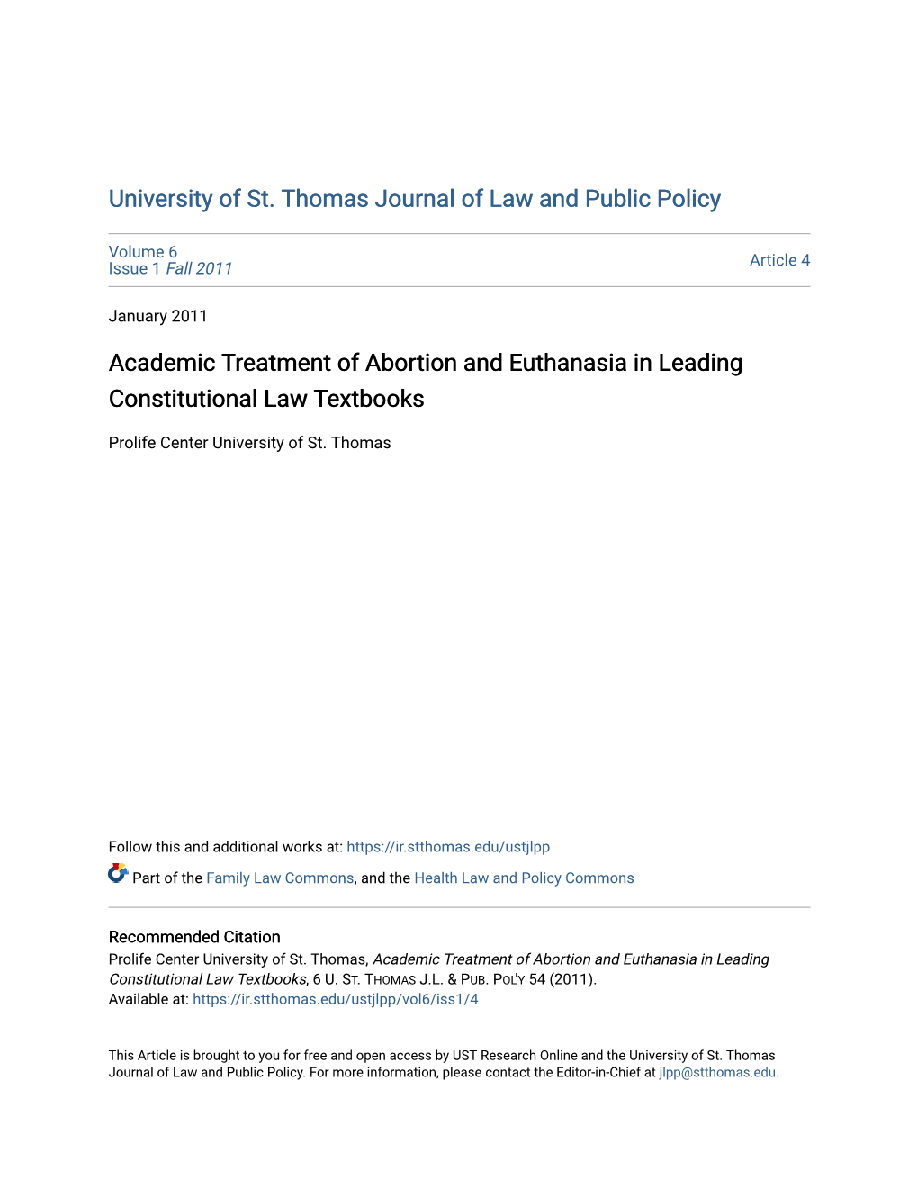 Academic Treatment of Abortion and Euthanasia in Leading Constitutional Law Textbooks