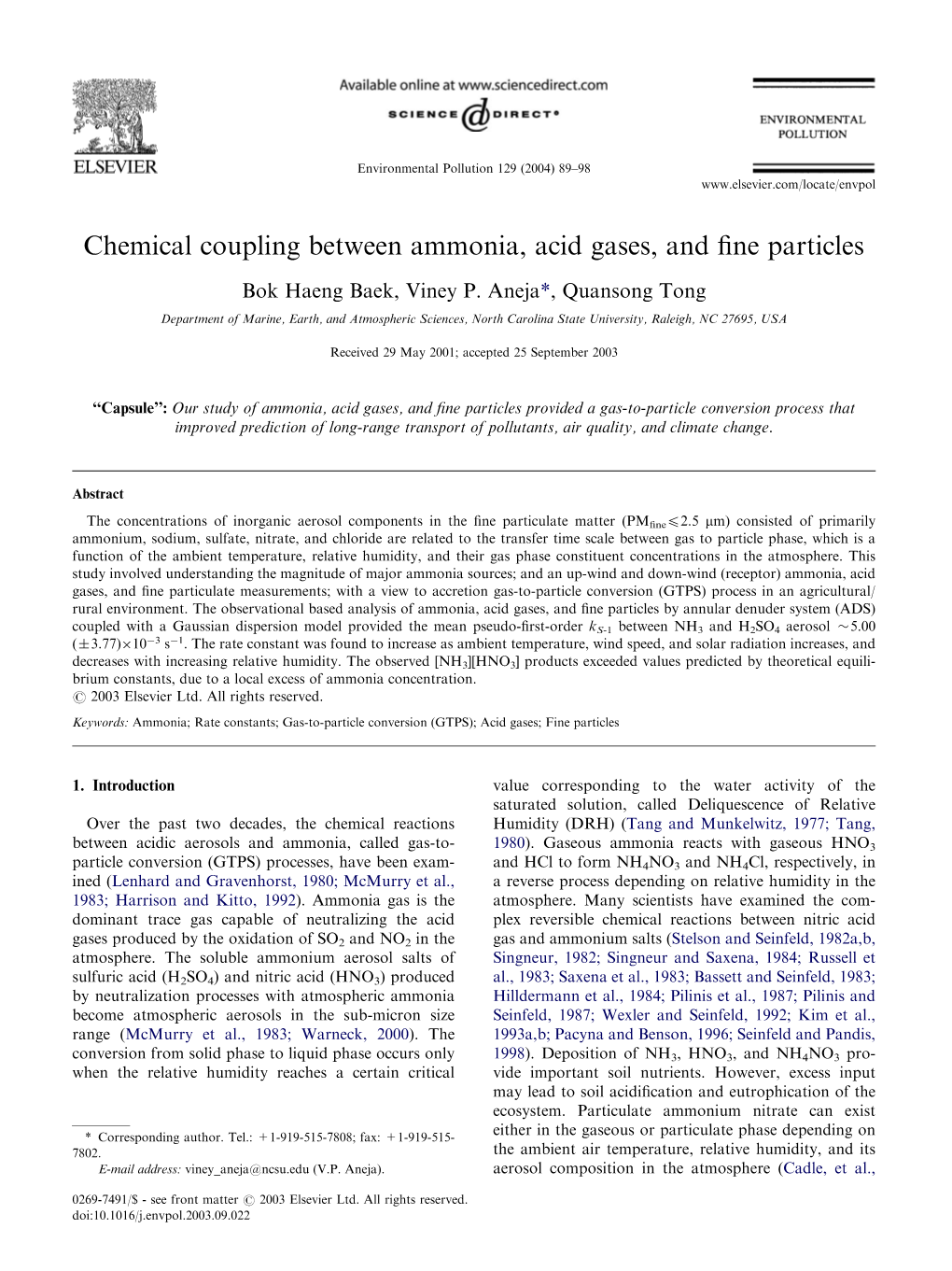 Chemical Coupling Between Ammonia, Acid Gases, and Fine