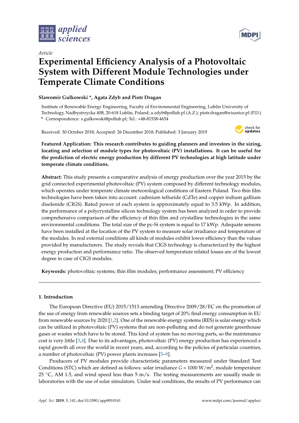 Experimental Efficiency Analysis of a Photovoltaic System with Different