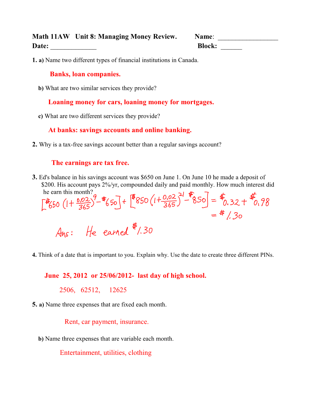 Math 11AW Unit 8: Managing Money Review