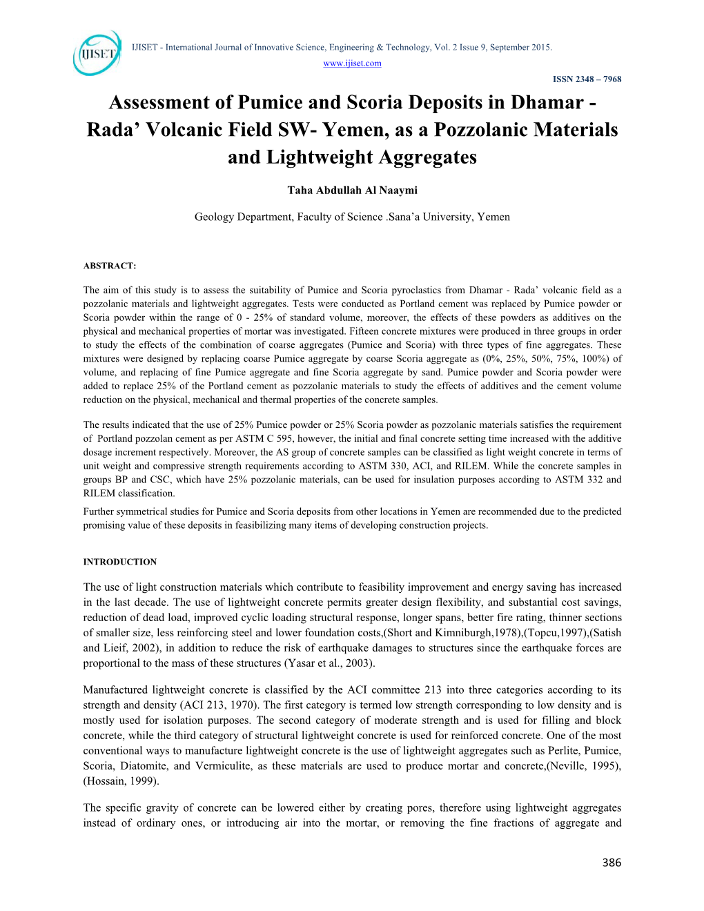 Assessment of Pumice and Scoria Deposits in Dhamar - Rada’ Volcanic Field SW- Yemen, As a Pozzolanic Materials and Lightweight Aggregates