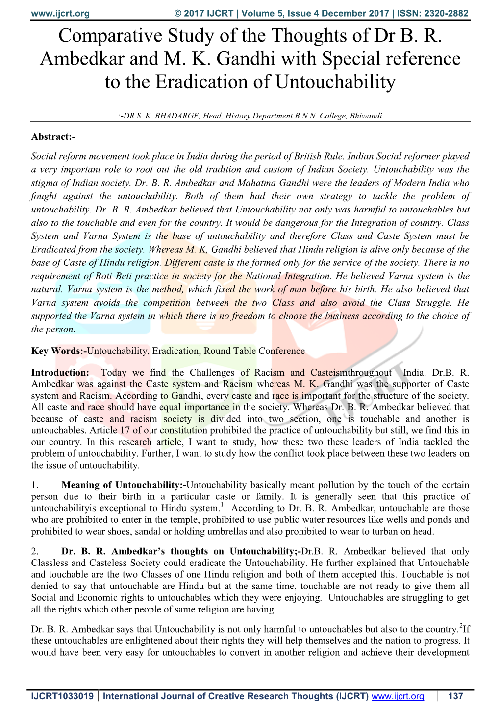 Comparative Study of the Thoughts of Dr B. R. Ambedkar and M. K. Gandhi with Special Reference to the Eradication of Untouchability