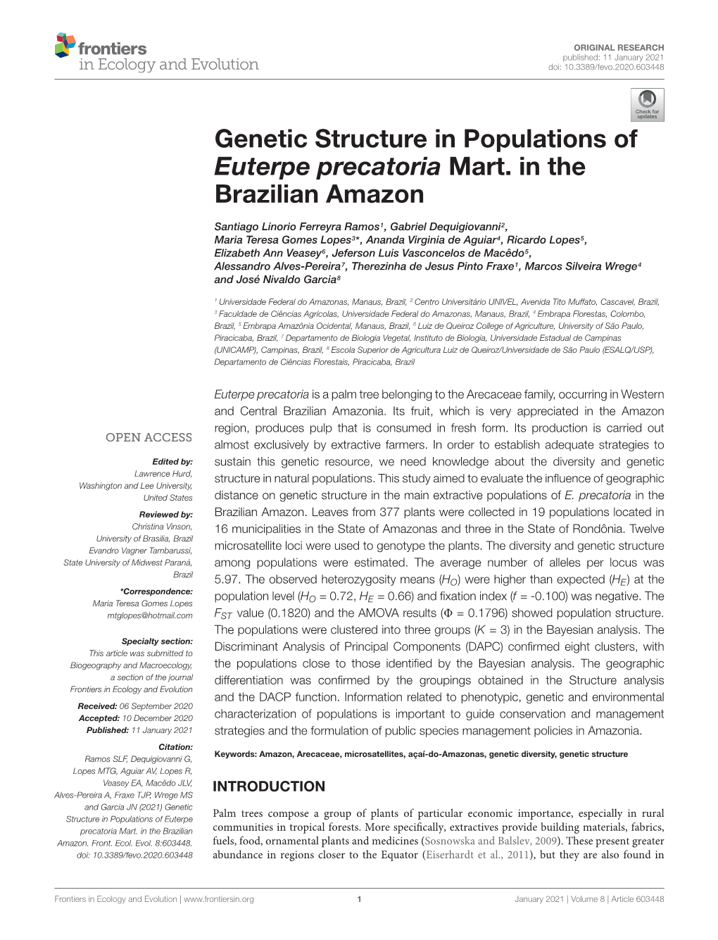 Genetic Structure in Populations of Euterpe Precatoria Mart. in the Brazilian Amazon