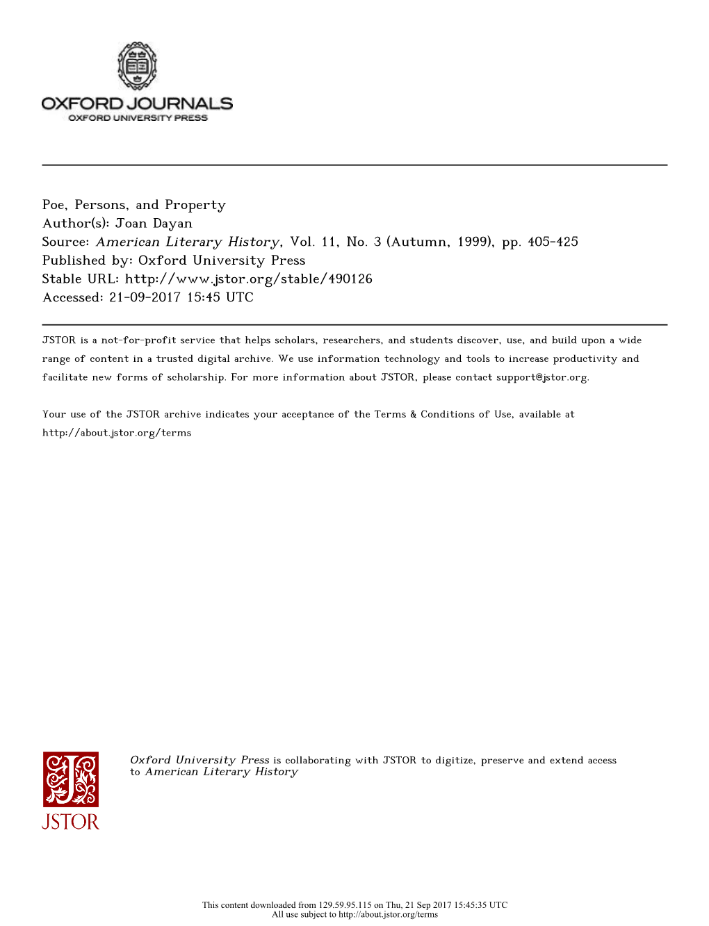 Poe, Persons, and Property Author(S): Joan Dayan Source: American Literary History, Vol