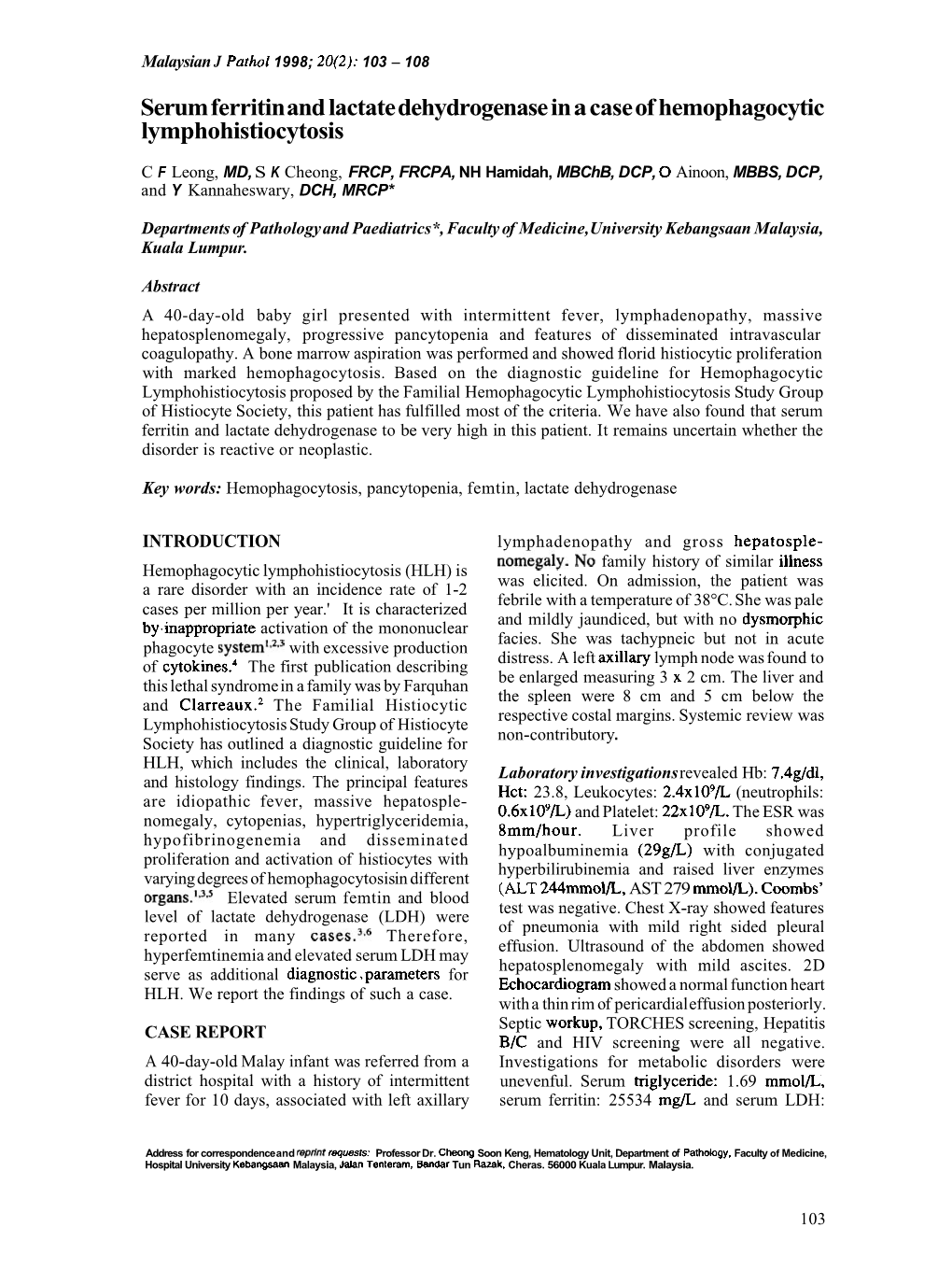 Serum Ferritin and Lactate Dehydrogenase in a Case of Hemophagocytic Lymphohistiocytosis