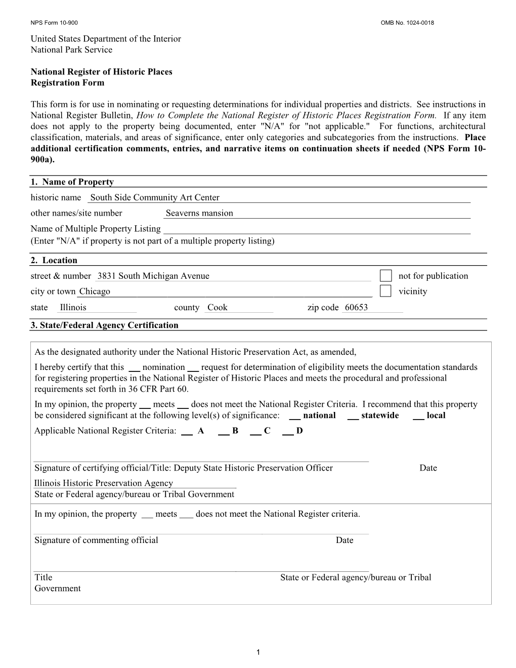 NPS Form 10 900 OMB No. 1024 0018