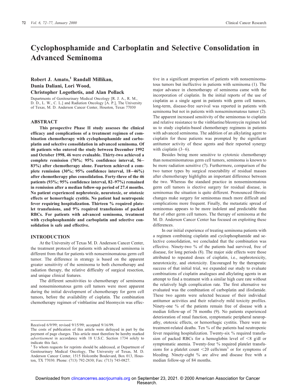 Cyclophosphamide and Carboplatin and Selective Consolidation in Advanced Seminoma