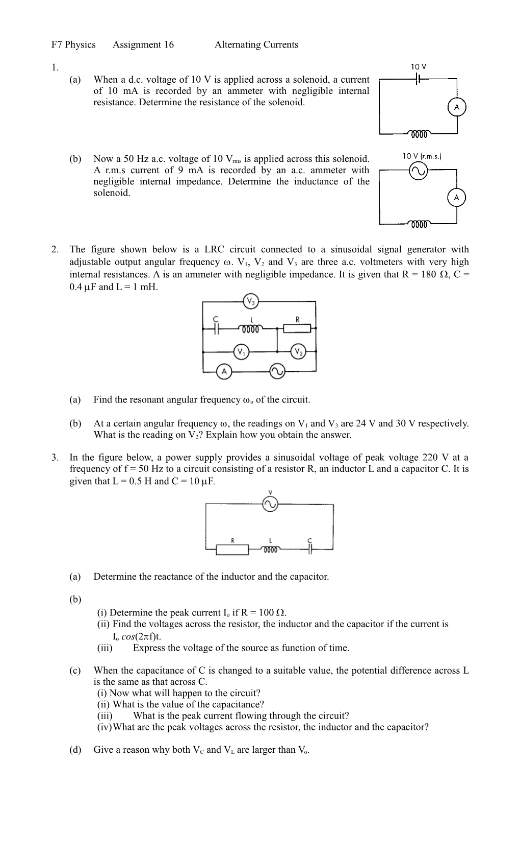 F7 Physics Assignment 16 Alternating Currents