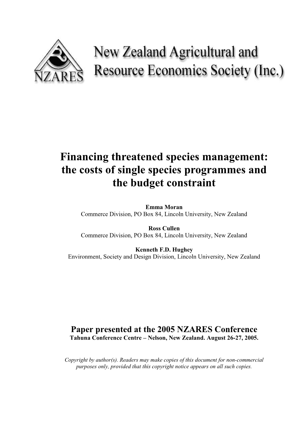 Financing Biodiversity Conservation: the Costs Of