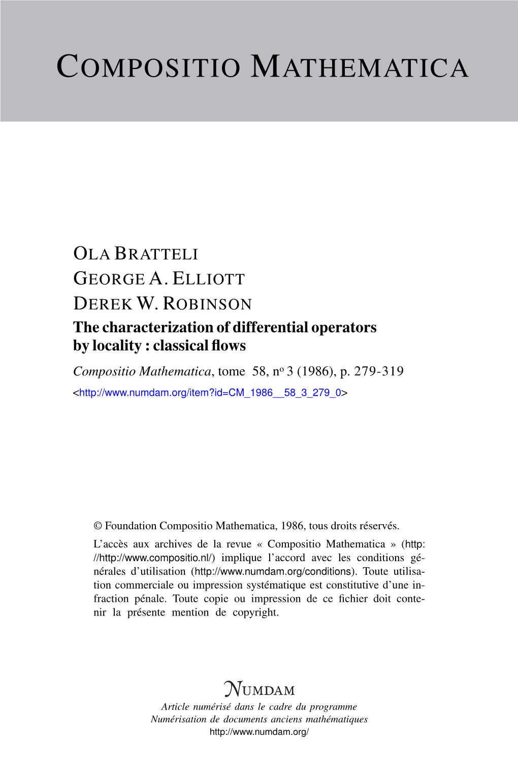 The Characterization of Differential Operators by Locality : Classical ﬂows Compositio Mathematica, Tome 58, No 3 (1986), P