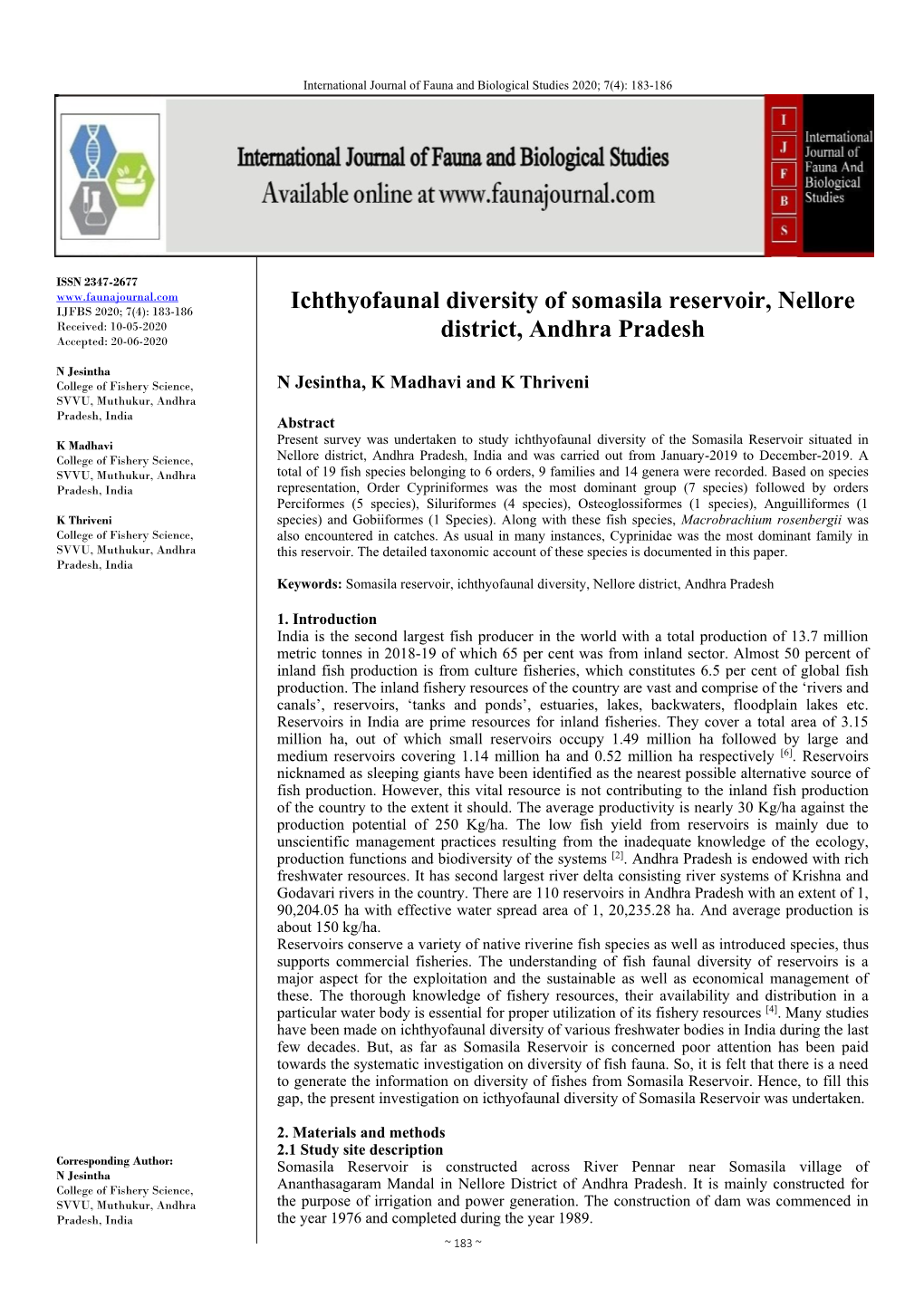 Ichthyofaunal Diversity of Somasila Reservoir, Nellore District, Andhra Pradesh