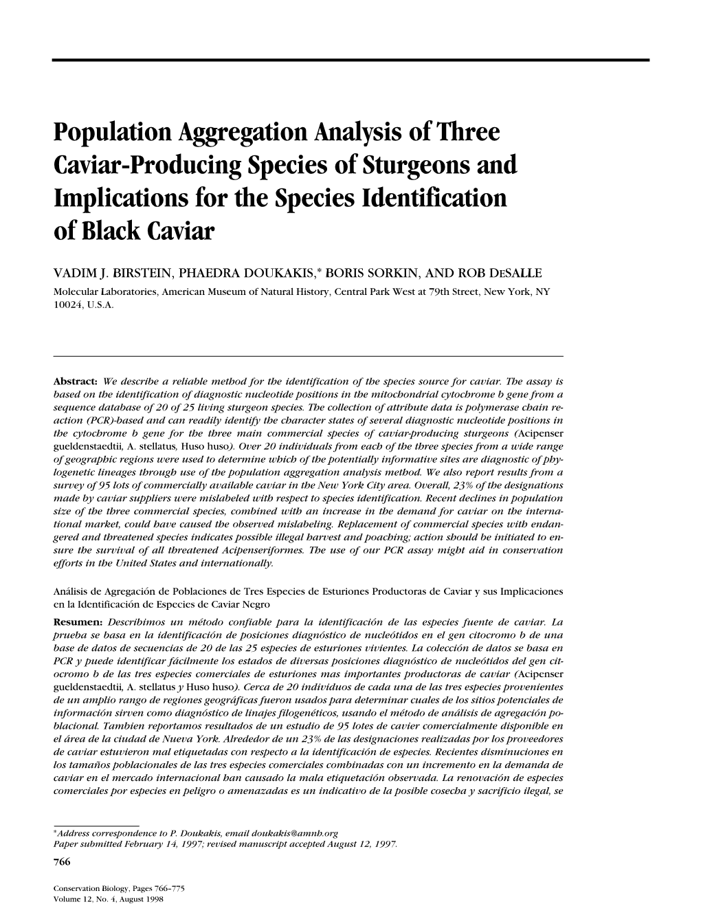 Population Aggregation Analysis of Three Caviar-Producing Species of Sturgeons and Implications for the Species Identification of Black Caviar