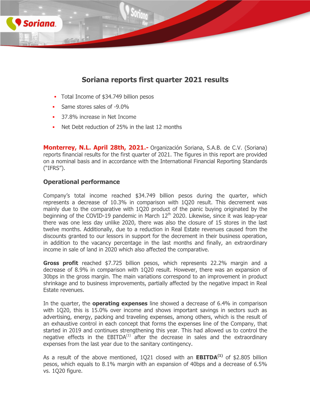 Soriana Reports First Quarter 2021 Results