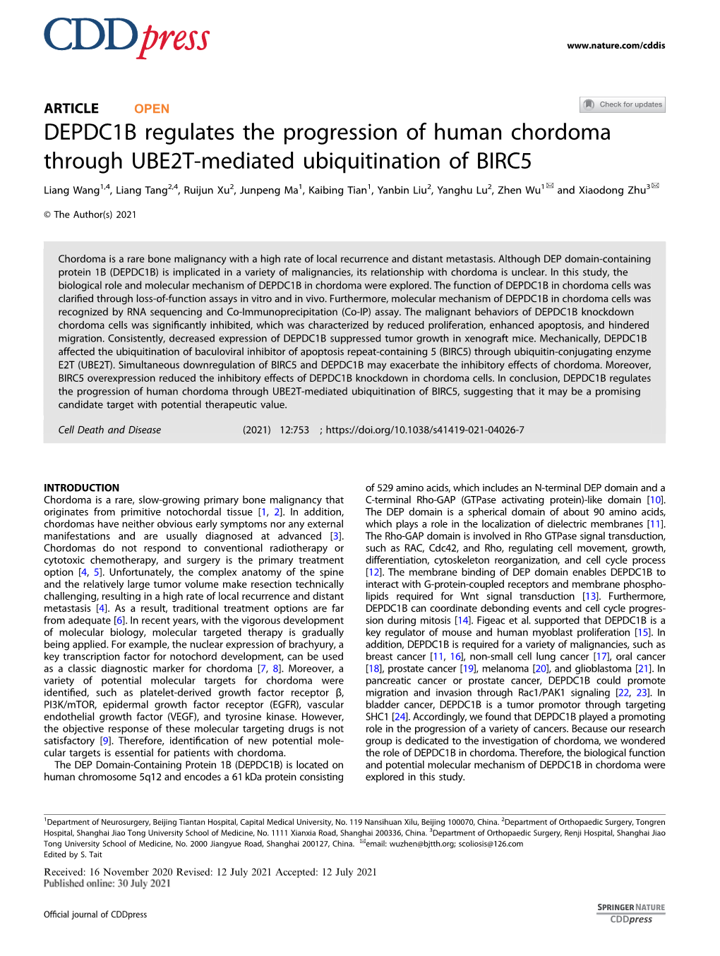 DEPDC1B Regulates the Progression of Human Chordoma Through