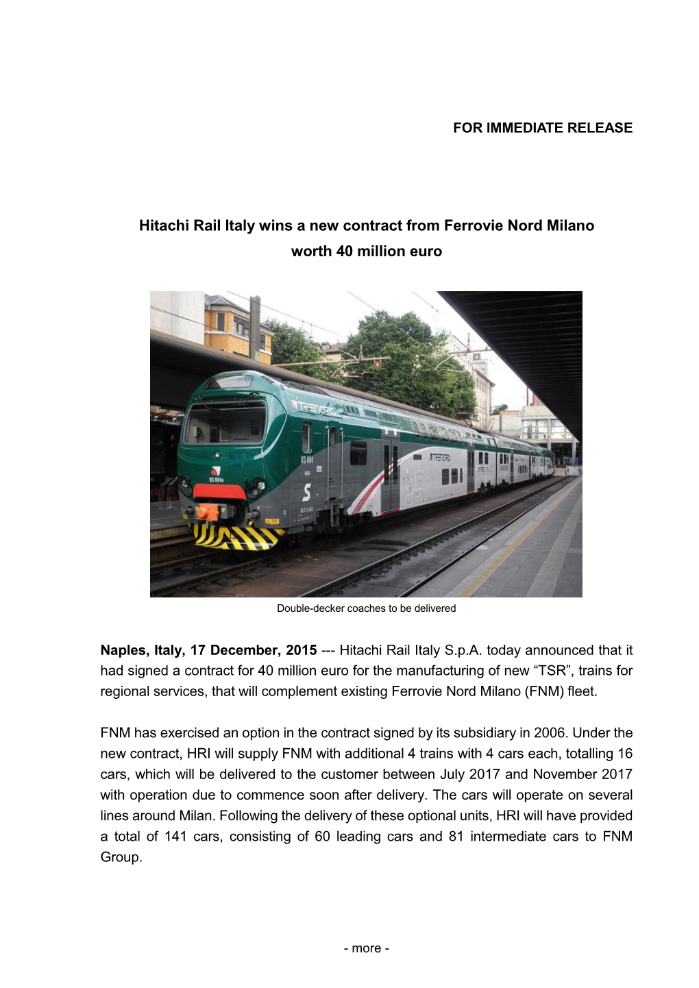 Hitachi Rail Italy Wins a New Contract from Ferrovie Nord Milano Worth 40 Million Euro