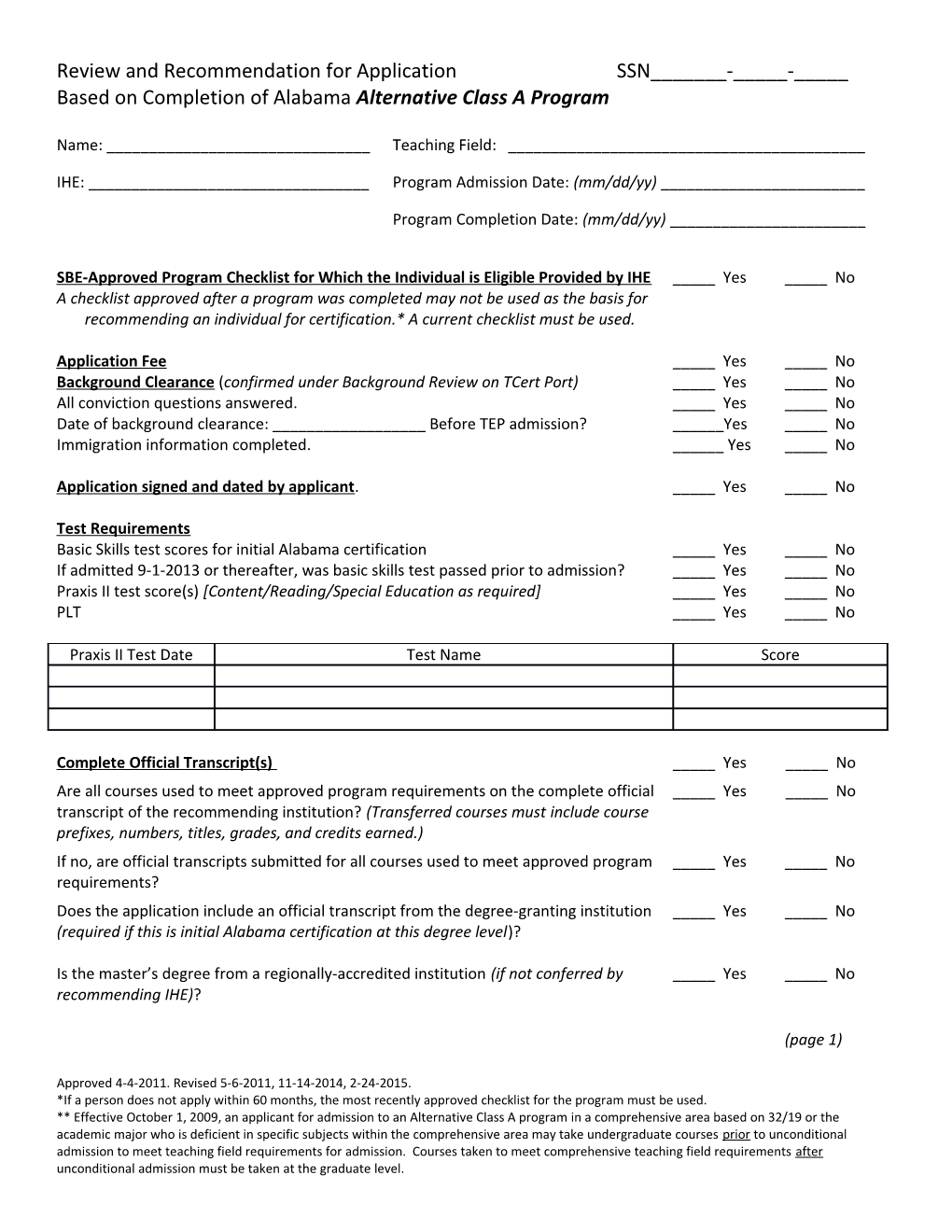 Review and Recommendation Alternative Class a Revised 2-25-2015