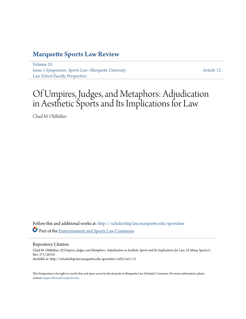 Of Umpires, Judges, and Metaphors: Adjudication in Aesthetic Sports and Its Implications for Law Chad M