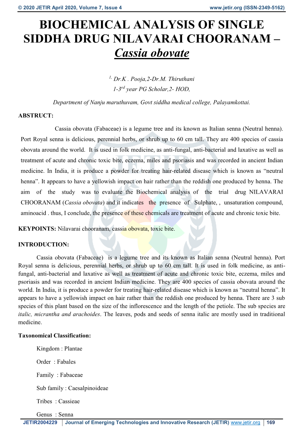 BIOCHEMICAL ANALYSIS of SINGLE SIDDHA DRUG NILAVARAI CHOORANAM – Cassia Obovate