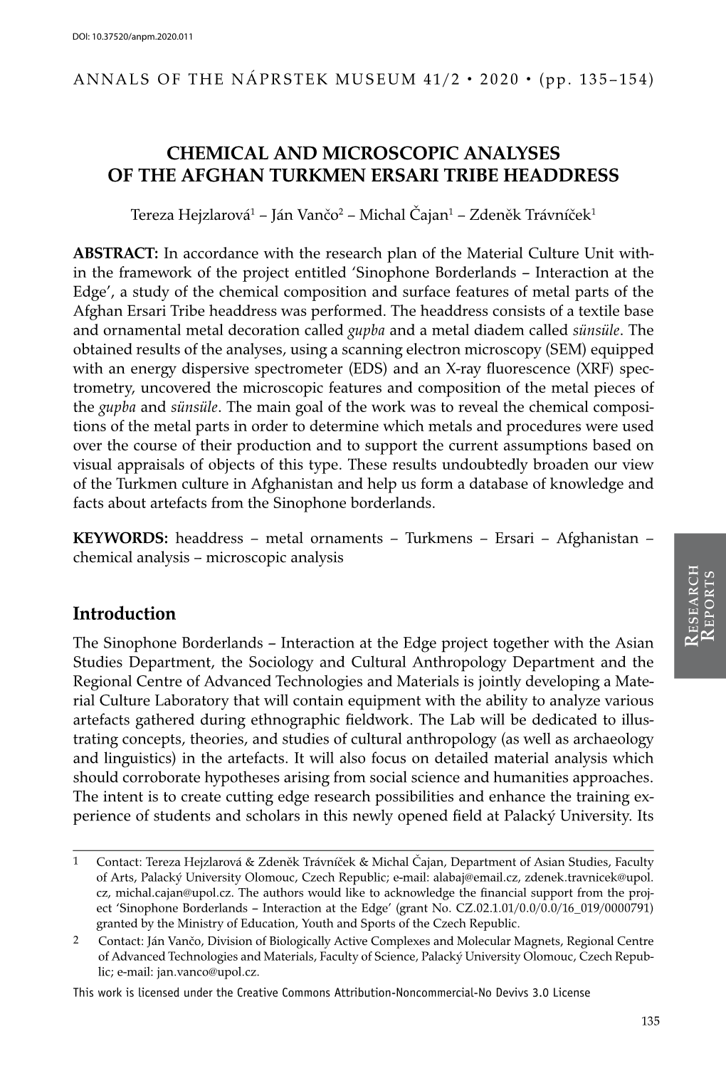 R R Chemical and Microscopic Analyses of the Afghan Turkmen