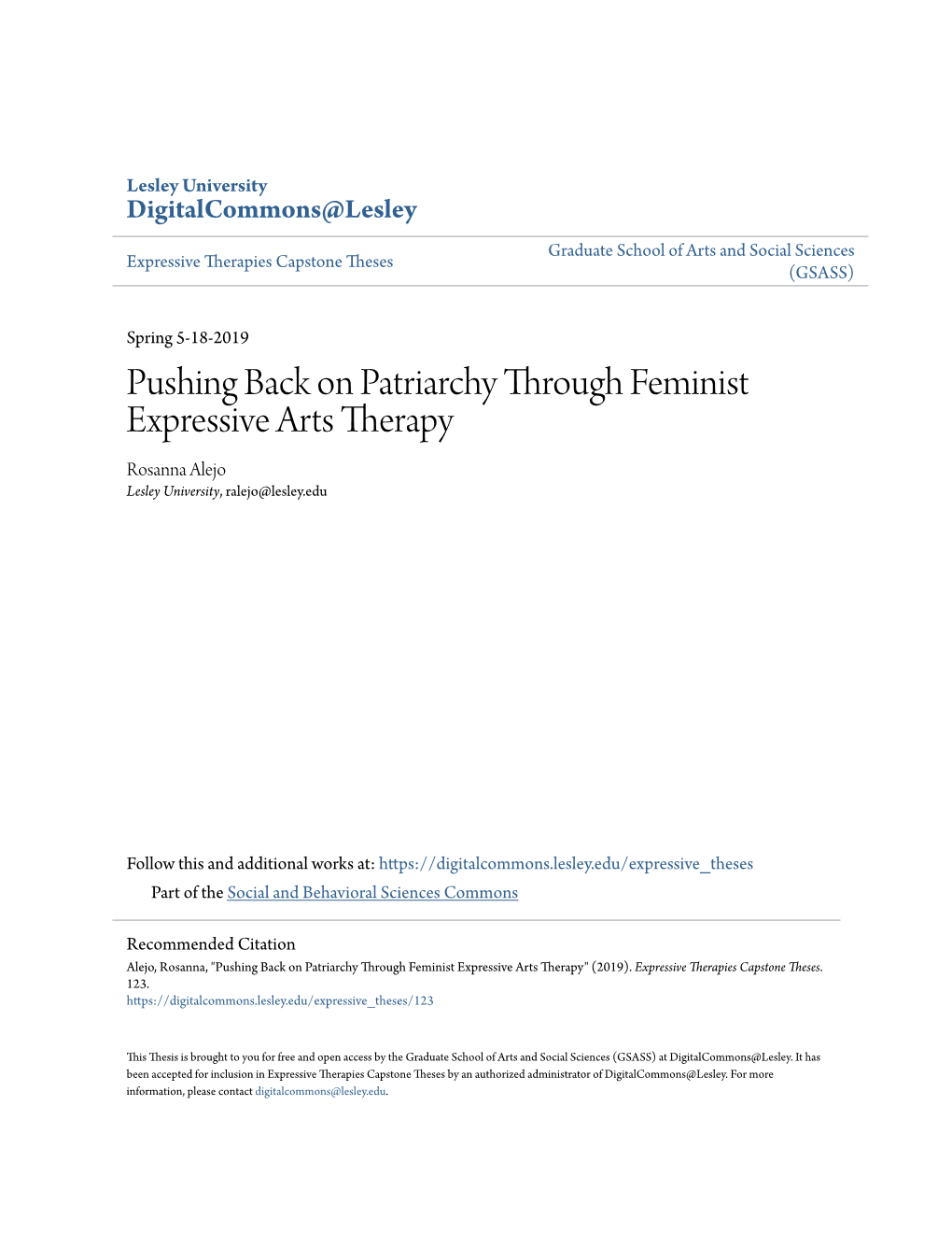 Pushing Back on Patriarchy Through Feminist Expressive Arts Therapy Rosanna Alejo Lesley University, Ralejo@Lesley.Edu