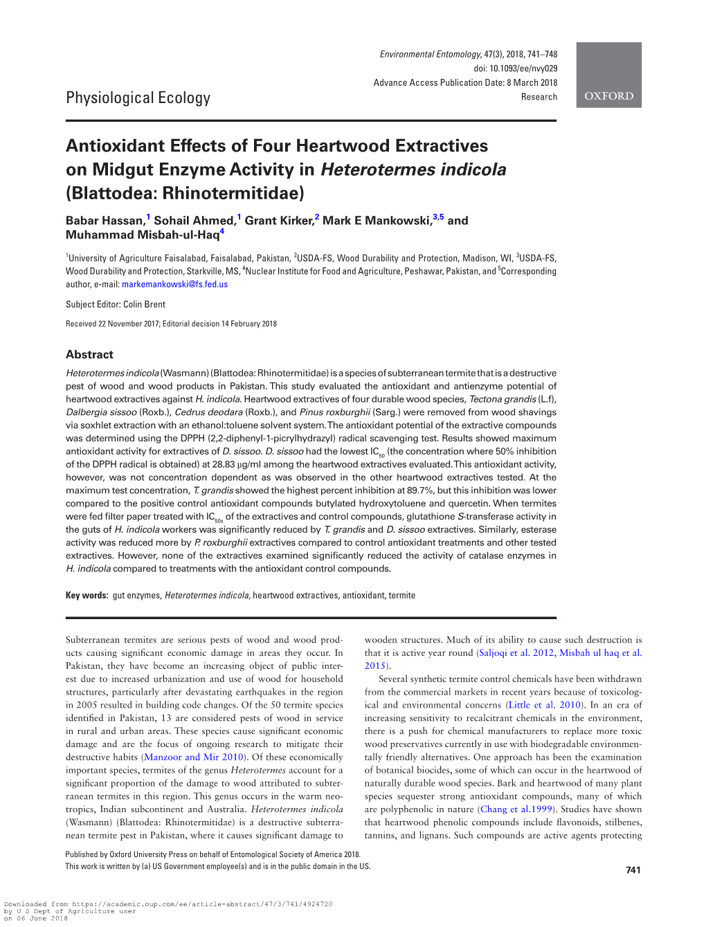 Antioxidant Effects of Four Heartwood Extractives on Midgut Enzyme Activity in Heterotermes Indicola (Blattodea: Rhinotermitidae)