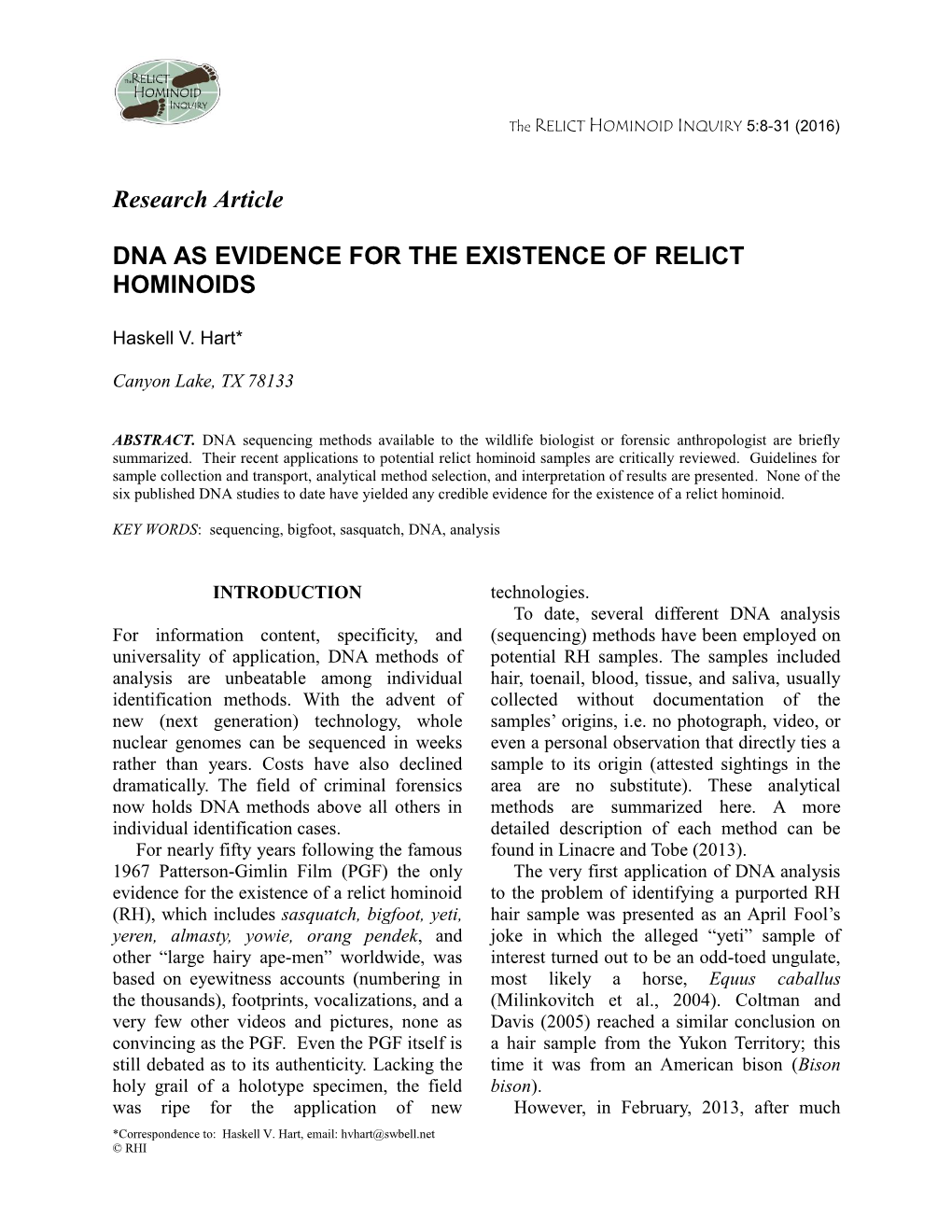 Research Article DNA AS EVIDENCE for the EXISTENCE of RELICT