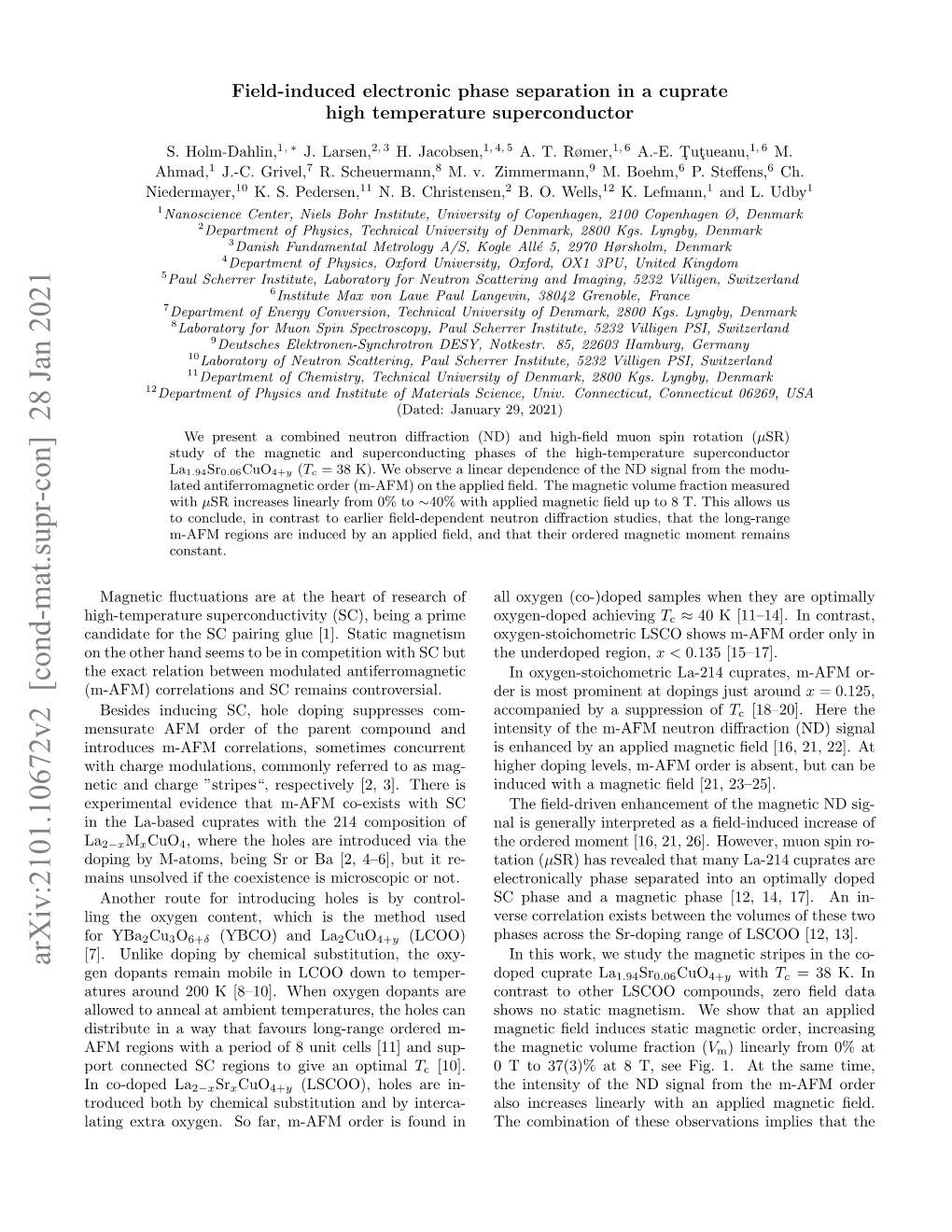 Arxiv:2101.10672V2 [Cond-Mat.Supr-Con] 28 Jan 2021 Gen Dopants Remain Mobile in LCOO Down to Temper- Doped Cuprate La1.94Sr0.06Cuo4+Y with Tc = 38 K