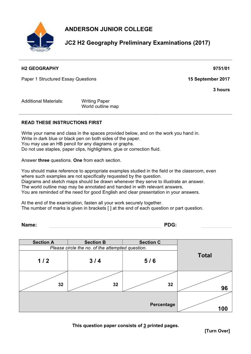 Total 1 / 2 3 / 4 5 / 6 96 100 ANDERSON JUNIOR COLLEGE JC2 H2 Geography Preliminary Examinations (2017)