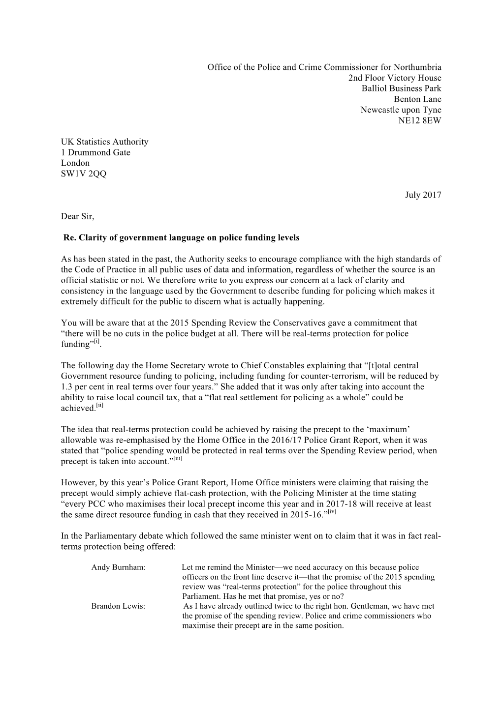 Letter to UKSA on Police Spending Figures