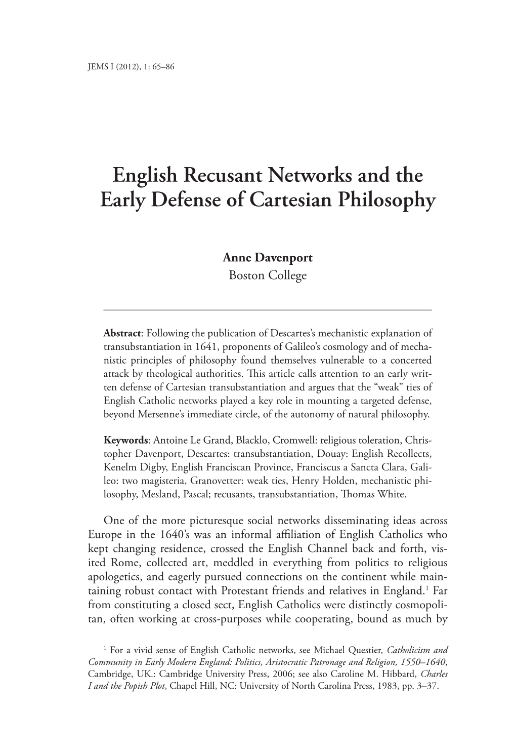 English Recusant Networks and the Early Defense of Cartesian Philosophy
