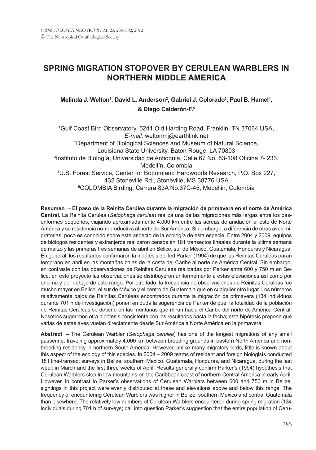 Spring Migration Stopover by Cerulean Warblers in Northern Middle America