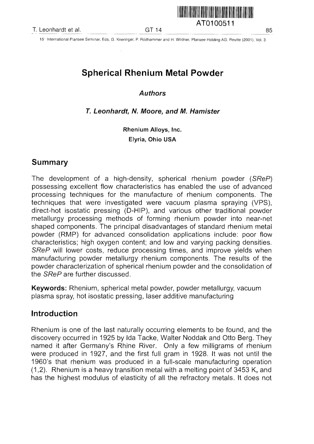 Spherical Rhenium Metal Powder