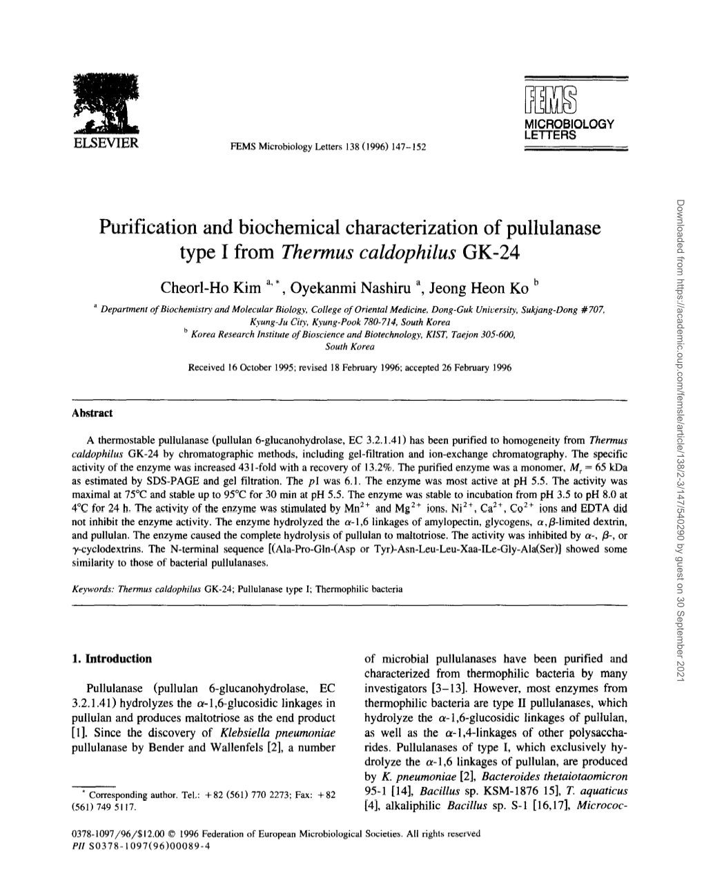 Purification and Biochemical Characterization of Pullulanase Type I from Thermus Caldophilus GK-24