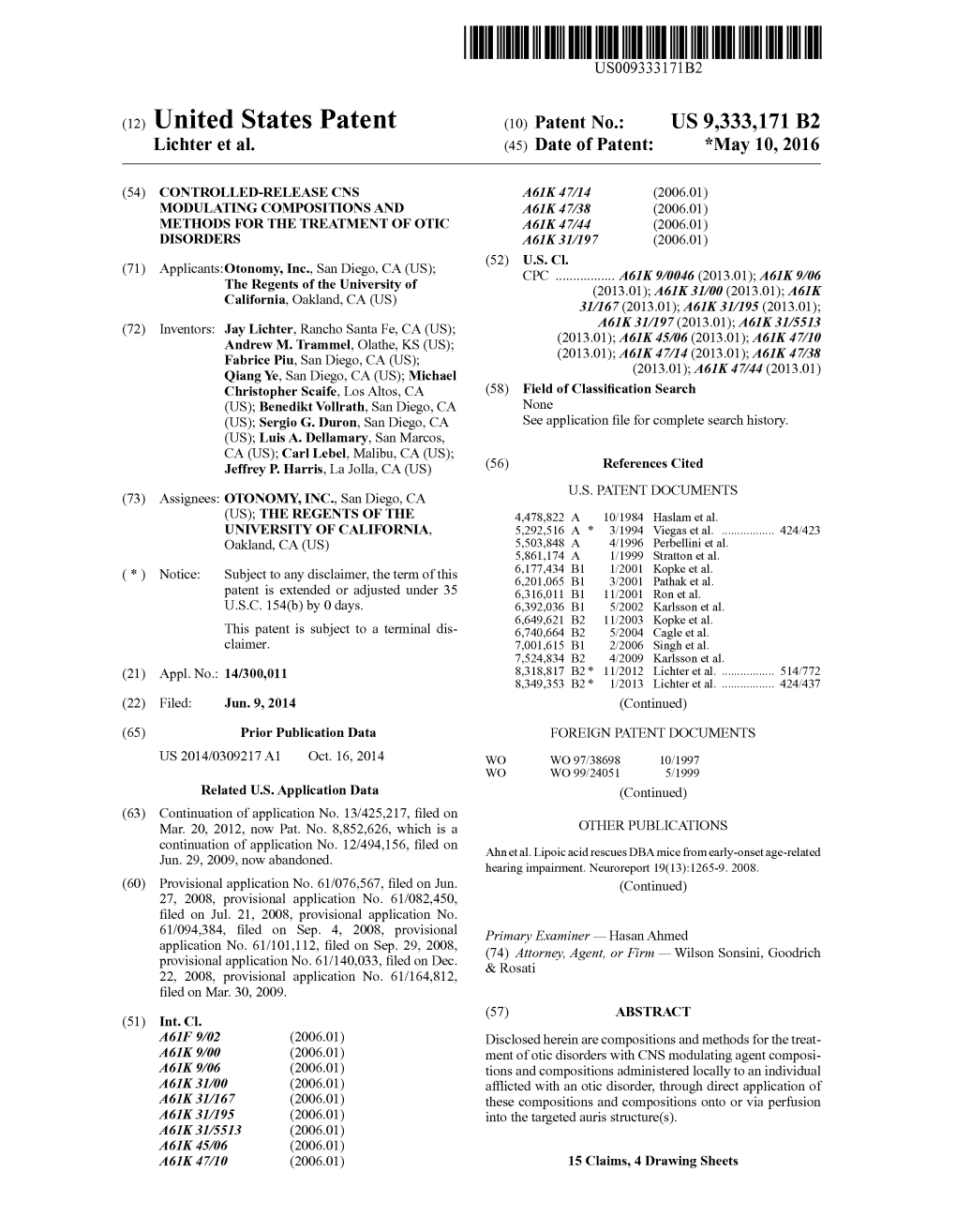 (12) United States Patent (10) Patent No.: US 9,333,171 B2 Lichter Et Al