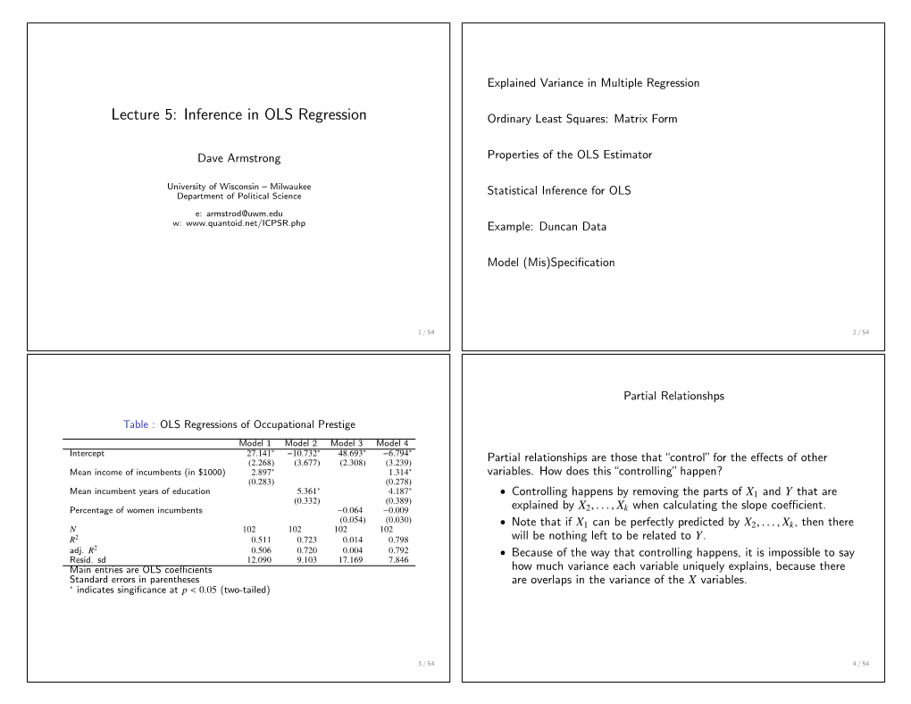 Lecture 5: Inference in OLS Regression Ordinary Least Squares: Matrix Form