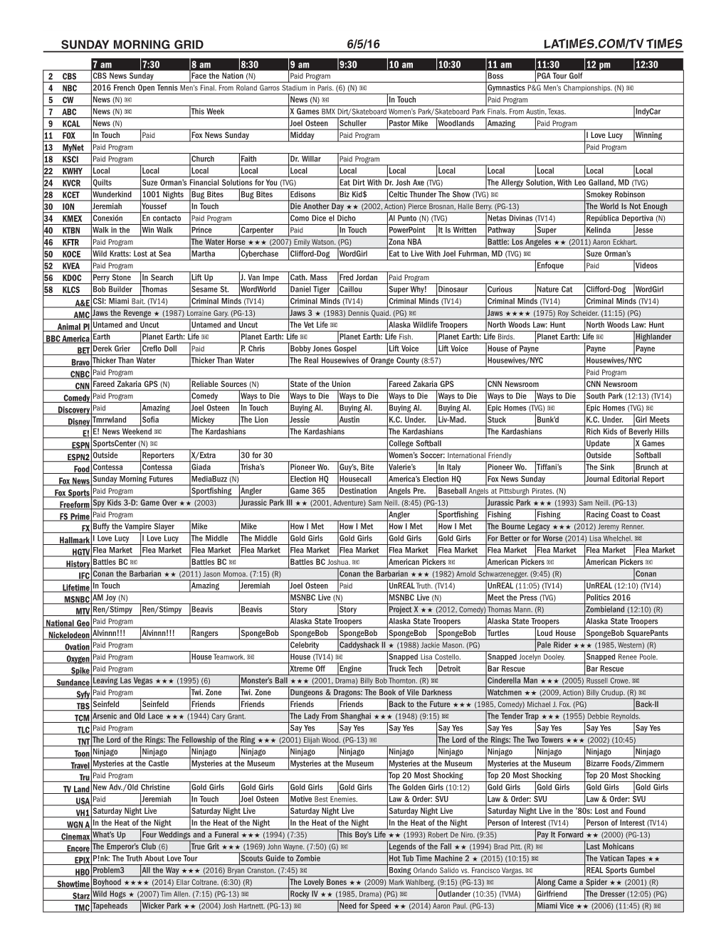 Sunday Morning Grid 6/5/16 Latimes.Com/Tv Times