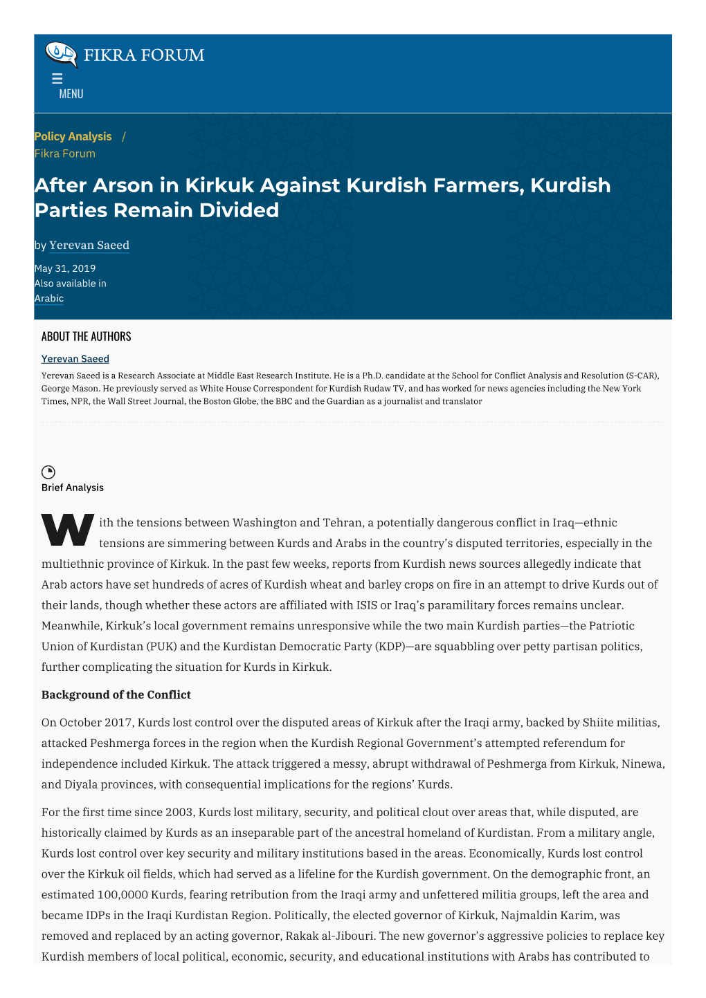 After Arson in Kirkuk Against Kurdish Farmers, Kurdish Parties Remain Divided by Yerevan Saeed